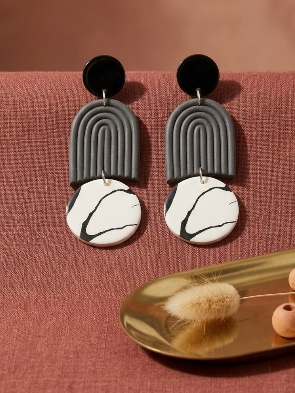 Polymer Clay Arch Statement Drop Earrings Modern Boho Black White Sterling Posts - Picture 11 of 17